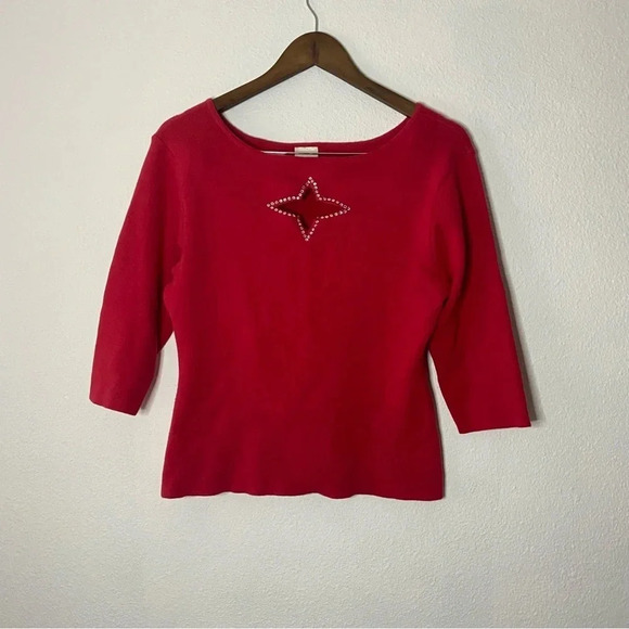 Retro Cut Out Rhinestone Star Embellished Ribbed Top Cotton 3/4 Sleeve Large - Picture 8 of 9